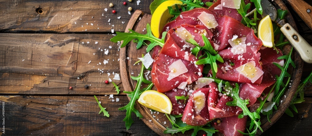 Poster Top down view of marbled beef carpaccio with arugula lemon and parmesan cheese on a wooden table with a clear space for adding an image. copy space available