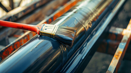 A paintbrush meticulously coats a pipeline, symbolizing precision and care in industrial maintenance.