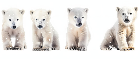 Watercolor set of three adorable polar bear cubs, isolated on white background.