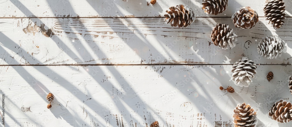 Poster Rustic white wooden table adorned with snowy pine cones and a sunlit shadow creating a Christmas themed copy space image