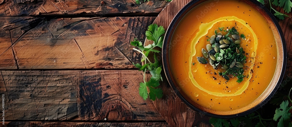 Poster Copy space image of a top view pumpkin and carrot cream soup complemented with cilantro sauce and seeds