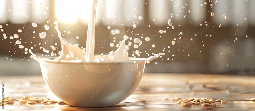 Poster milk flowing into a cereal bowl with copy space image