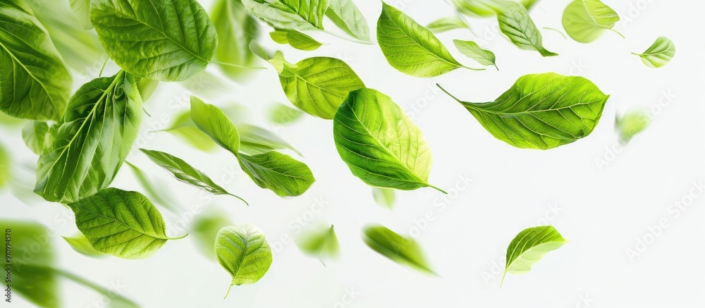 Aufkleber Fresh green leaves flying on a white background create an environment and ecology copy space image representing spring foliage