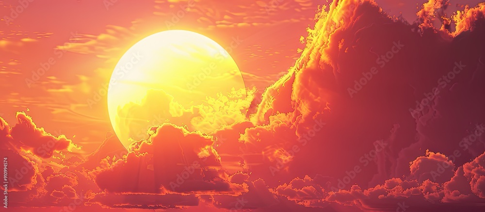 Poster A vibrant sun setting against a backdrop of wispy clouds in the sky creating a picturesque scene with ample copy space image