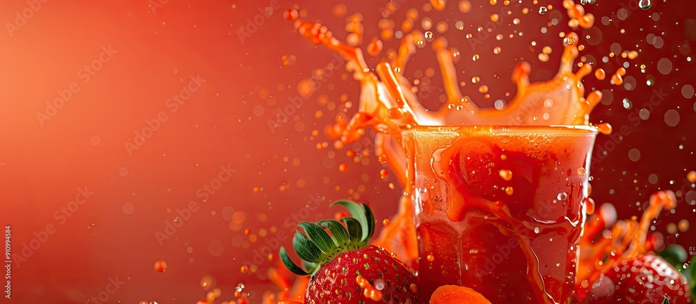 Poster a refreshing blend of strawberry and carrot juice provides a vibrant burst of flavor in a copy space