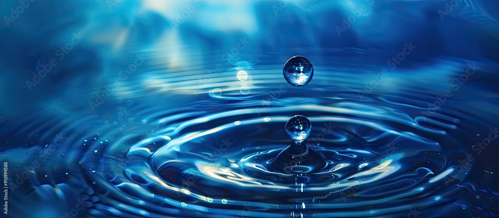 Poster A water droplet in blue tones falls gracefully creating ripples and a circular pattern in the liquid suitable for a copy space image