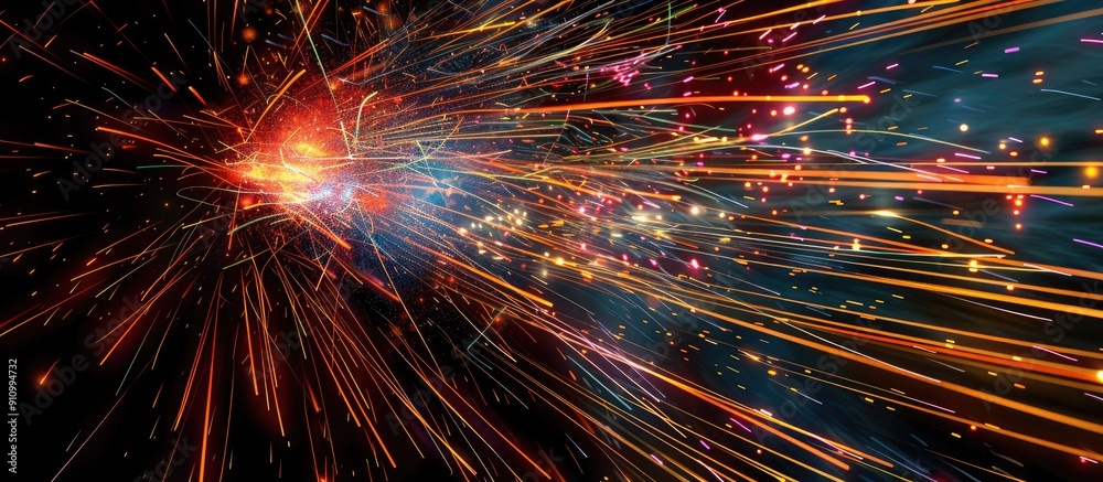 Poster colorful firework light trails explode in a dark night sky setting with copy space image