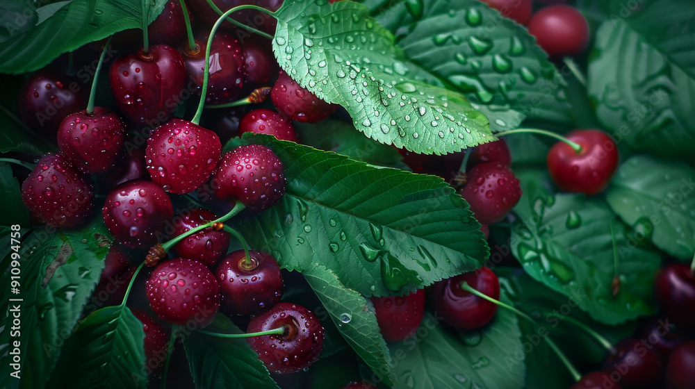 Poster Dewy red cherries nestled among glossy green leaves, capturing their fresh and vibrant allure.