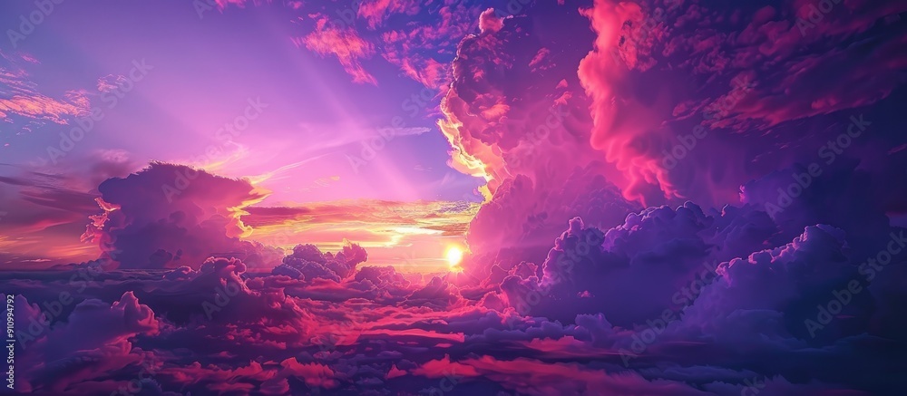 Poster oil painting of a magical and colorful landscape at sunset with a mesmerizing purple sky and clouds 