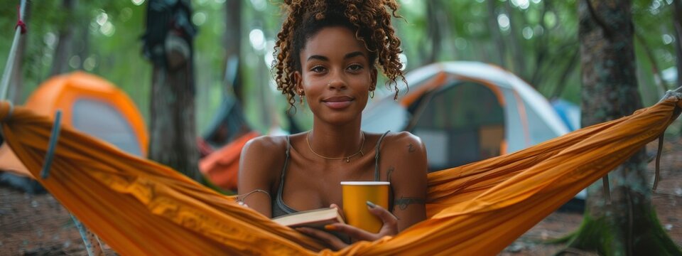 Portrait of black, african american woman in hammock read book in camp. outdoor leisure and mental health. escape, finding inner balance concept. healthy state of mind. banner
