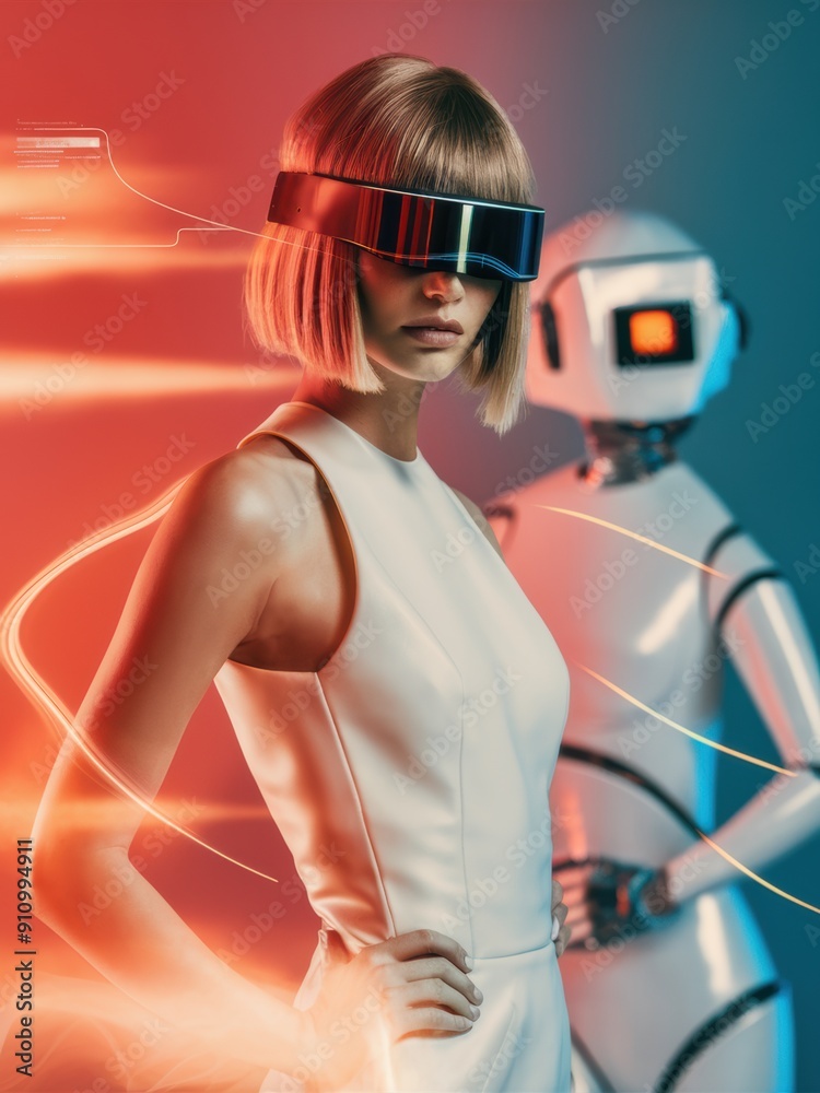 Canvas Prints a woman in white dress with futuristic glasses and robot, ai