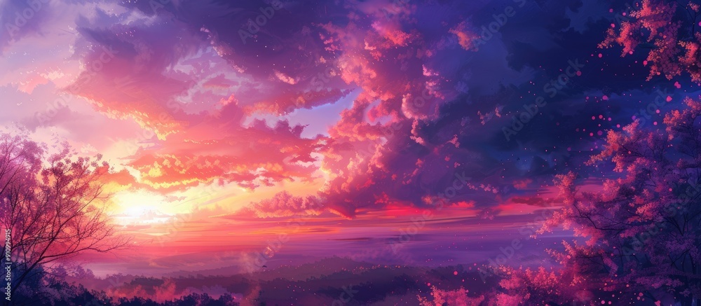Poster oil painting of a magical and colorful landscape at sunset with a mesmerizing purple sky and clouds 