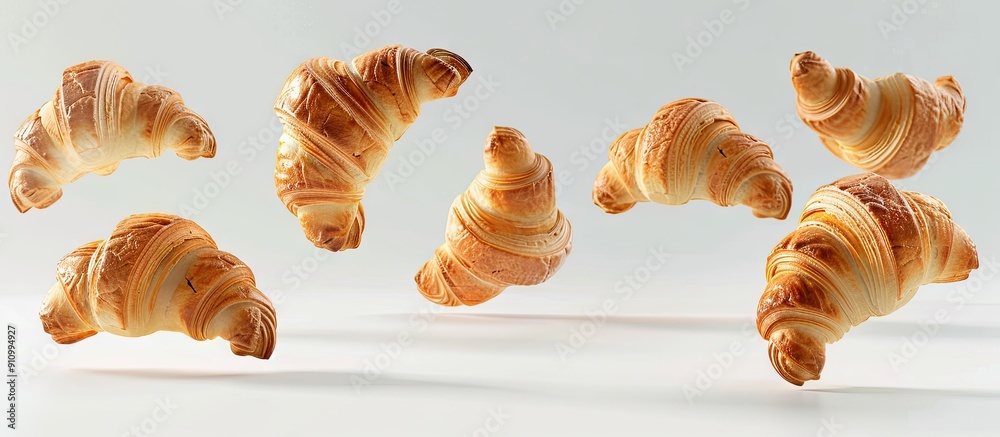 Poster french pastry croissants floating in the air on a white background in a captivating copy space image