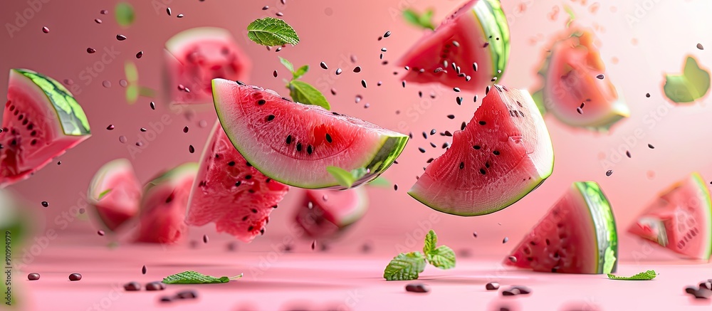 Poster fresh watermelon pieces with mint and seeds flying on a pink backdrop with copy space image