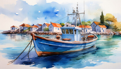 A vibrant blue fishing boat is docked in a serene harbor with quaint village houses