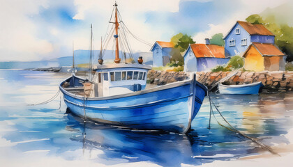 Obraz premium A vibrant blue fishing boat is docked in a serene harbor with quaint village houses