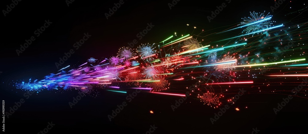 Poster colorful firework light trails explode in a dark night sky setting with copy space image