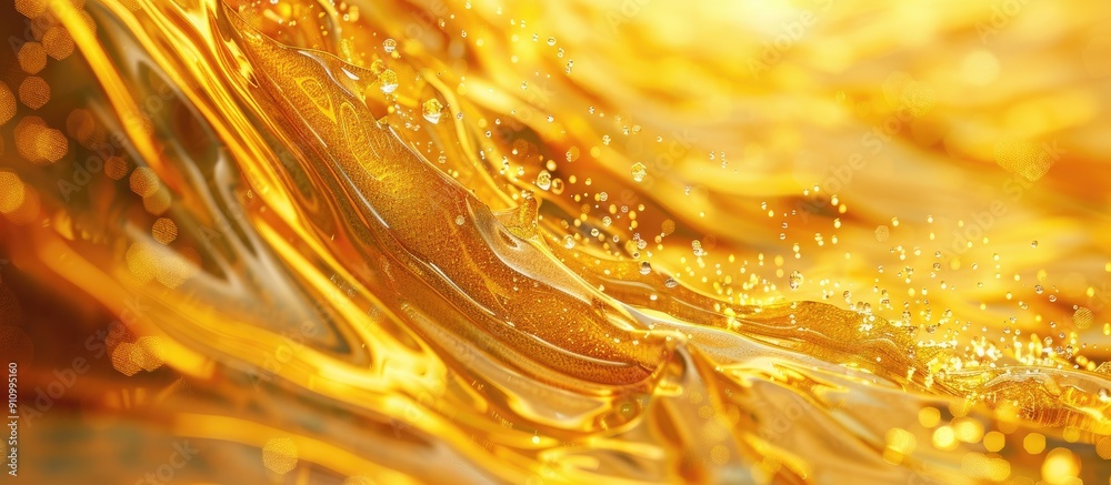 Poster Fluid with sparkling gold particles yellow hued stains and overflows creates an abstract shimmering background in the copy space image