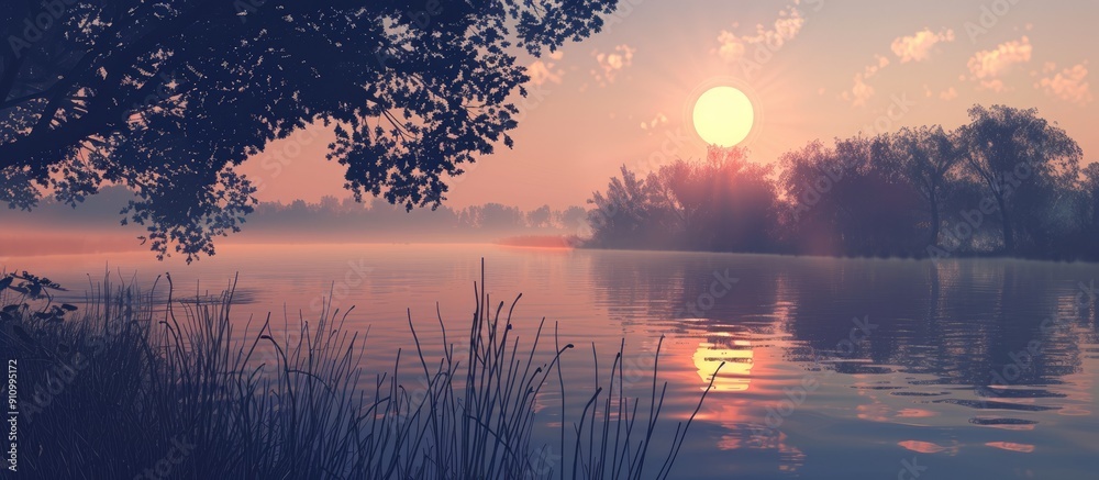 Poster A serene summer evening scene at a lake with the sun setting creating a soft glow over the water and the trees in silhouette with space for text or other images. . image with copy space