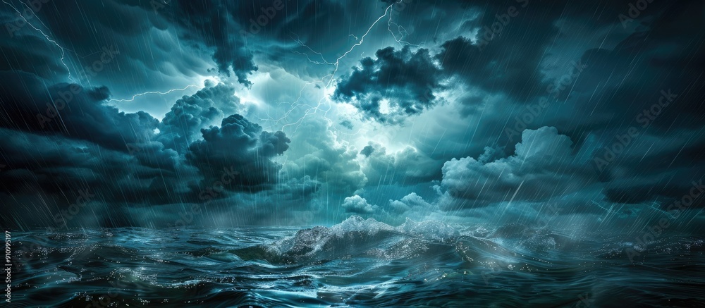 Aufkleber Weather concept with a dramatic sky overlay showcasing dark clouds lightning rain and thunderstorm in a captivating copy space image
