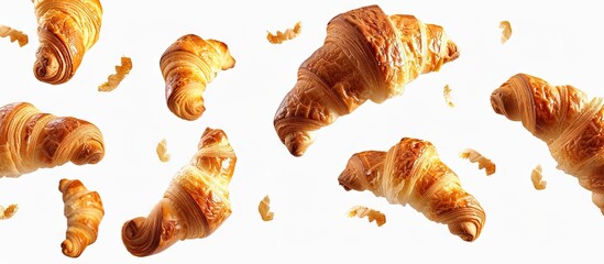 French pastry croissants flying in the air isolated against a white background with plenty of copy space image