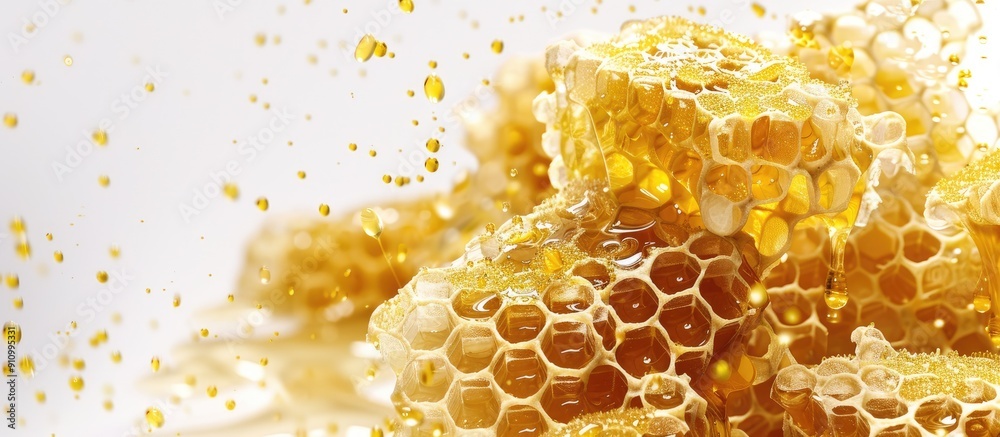 Poster honey filled honeycombs with pollen shown in a copy space image on a white background