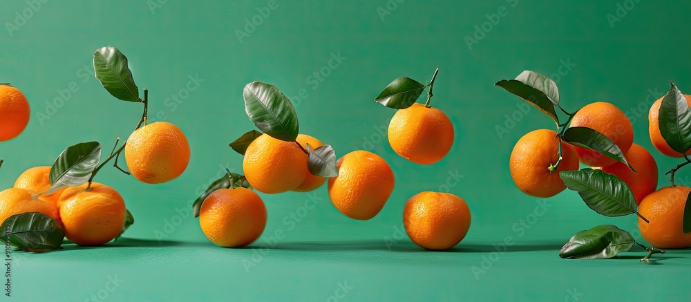 Poster Oranges and mandarins levitating on a green backdrop with ample copy space image