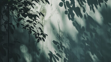 Shadowy leaves cast intricate patterns on a sunlit wall, creating a mysterious and serene atmosphere.