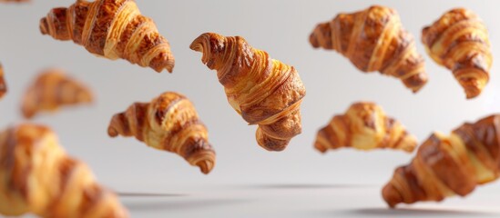 French pastry croissants floating in the air on a white background in a captivating copy space image