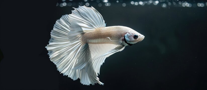 A beautiful white Rosetail Betta fish with a vibrant Half Moon tail known as Betta splendens swimming in water against a black background with ample copy space image