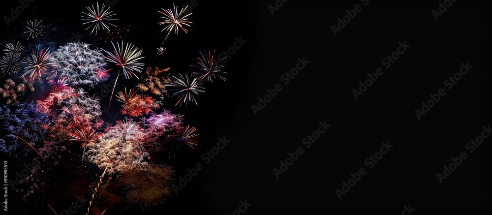 Poster colorful fireworks lighting up the sky against a black backdrop creating a celebratory scene with co