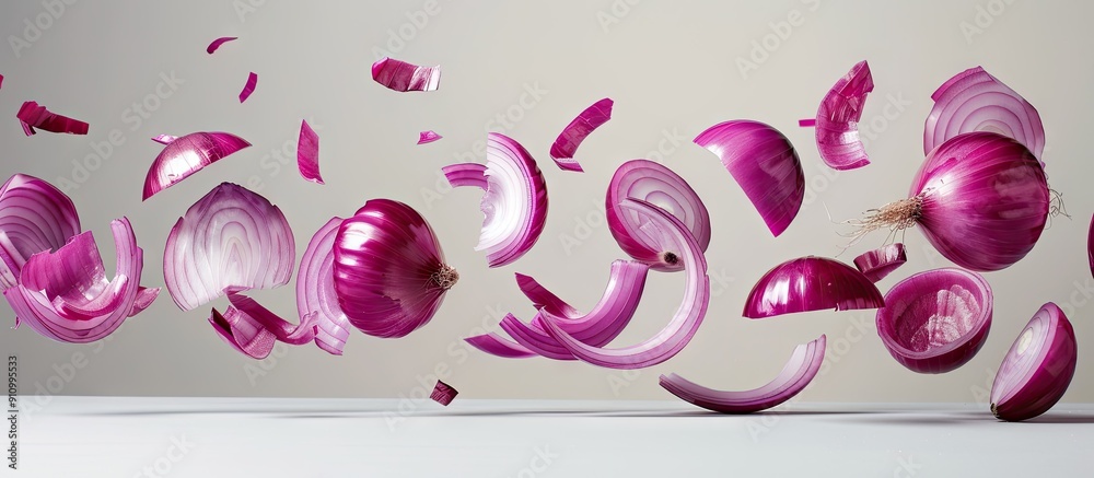 Aufkleber Red onion slices falling with copy space image on white backdrop