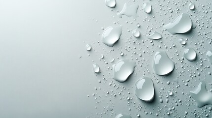 Water droplets on a gray background, fresh clean and natural.