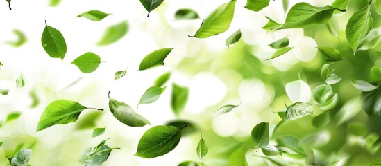 Fresh green leaves flying on a white background create an environment and ecology copy space image representing spring foliage