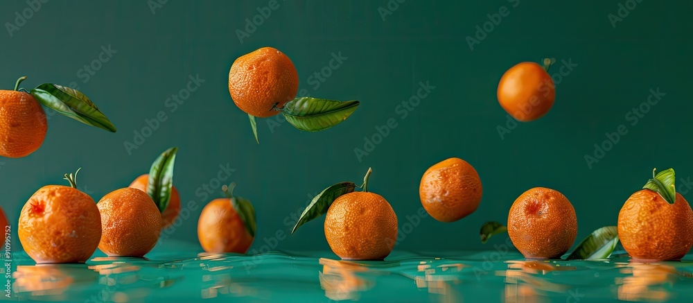 Aufkleber Oranges and mandarins levitating on a green backdrop with ample copy space image