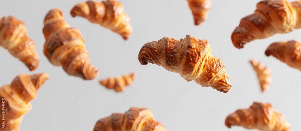 Poster french pastry croissants floating in the air on a white background in a captivating copy space image