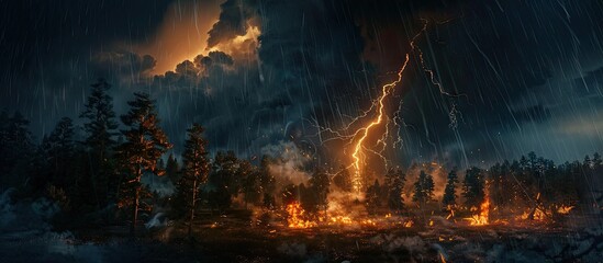 Naklejka premium A striking bolt of lightning during a night thunderstorm in a forest ignited a fire captivatingly captured against a dark sky with rain providing a dramatic copy space image