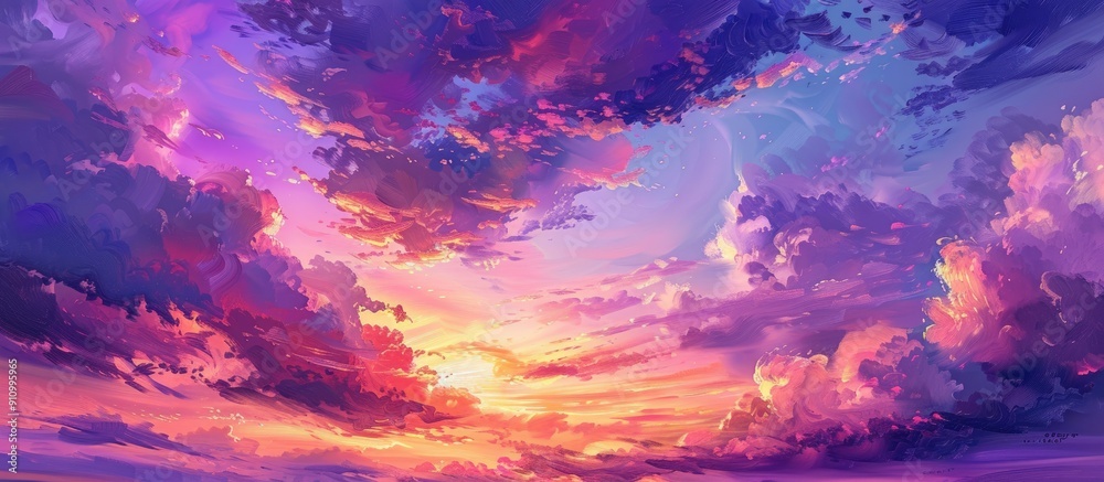 Poster oil painting of a magical and colorful landscape at sunset with a mesmerizing purple sky and clouds 