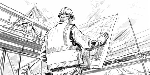 Construction worker inspecting blueprints.