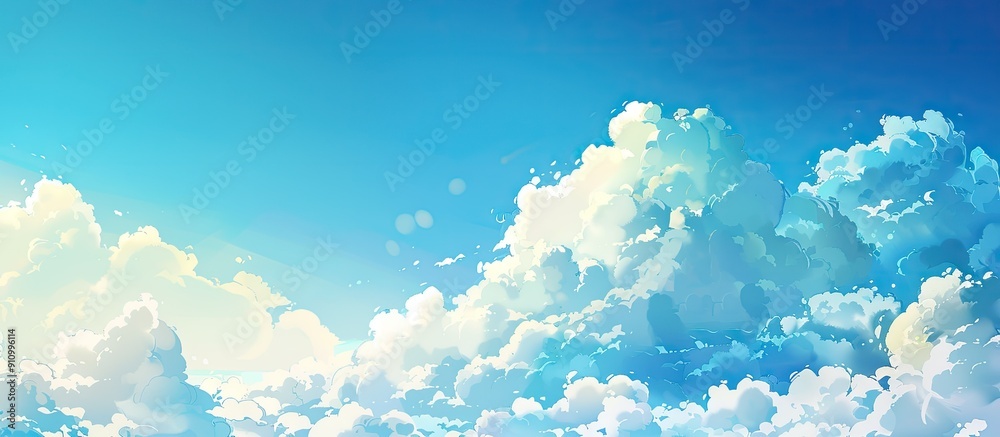 Poster a colorful summer morning with clear blue skies and fluffy white clouds creating a picturesque scene