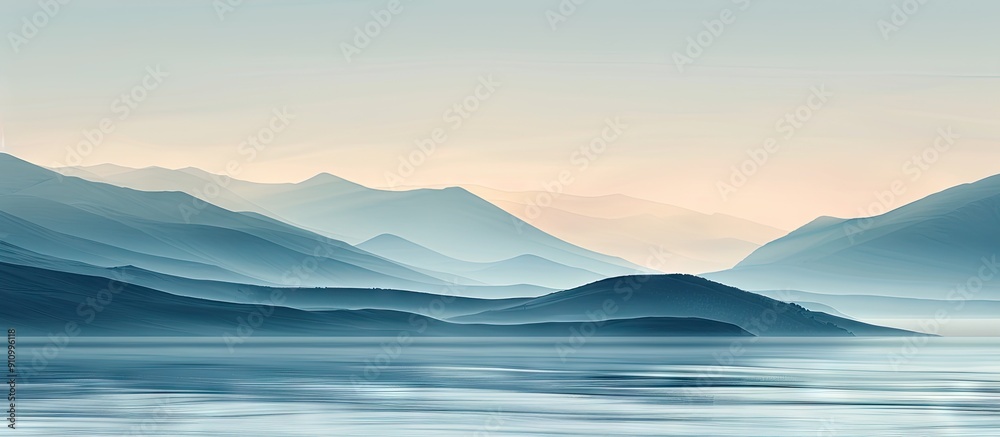 Poster mountain silhouettes fade into hazed horizon blending sea and sky in a mesmerizing copy space image