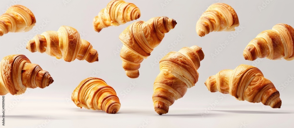 Poster french pastry croissants floating in the air on a white background in a captivating copy space image