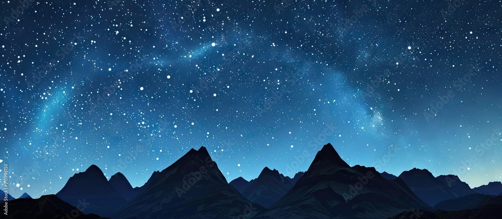 Poster a serene mountain landscape under a night sky filled with twinkling stars with ample copy space imag
