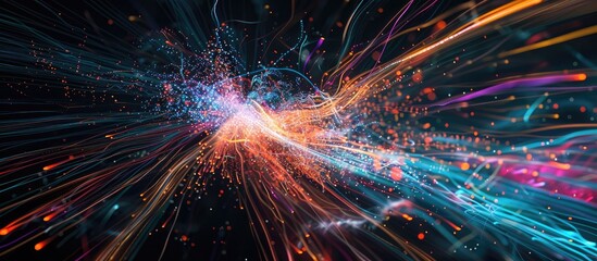 Obraz premium Colorful firework light trails explode in a dark night sky setting with copy space image