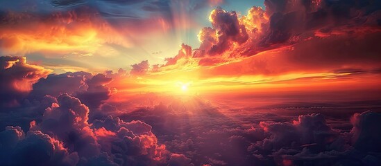 Fototapeta premium Dusk scenery with vibrant sunset colors in the sky including shades of orange yellow pink and red along with dramatic storm clouds creating a stunning landscape horizon with a copy space image