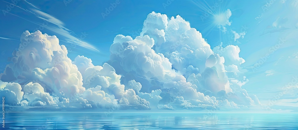 Poster A serene seascape with a vibrant blue sky and fluffy clouds creating a picturesque view with a copy space image