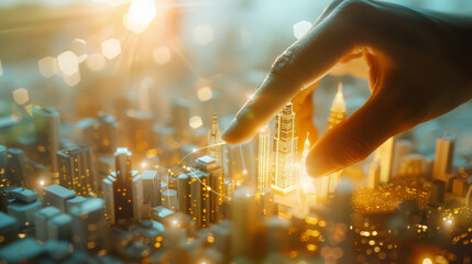 A giant hand carefully places a glowing skyscraper in a miniature cityscape, bathed in golden light.