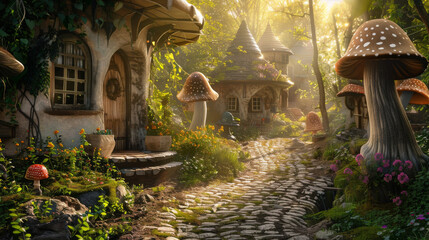 Fototapeta premium A whimsical, fairytale village path lined with charming mushroom houses, bathed in golden sunlight filtering through the trees.