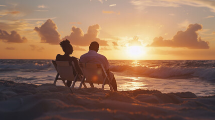 Obraz premium A couple sits together on beach chairs, gazing at a breathtaking sunset over the ocean, conveying peace and romantic tranquility.