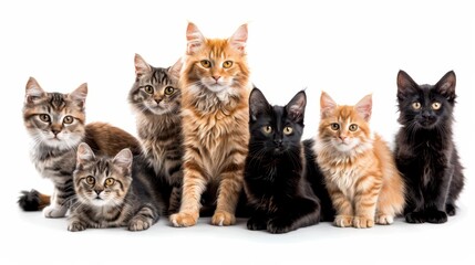 Seven cats of different breeds and colors sit closely together, showcasing their unique features against a white backdrop